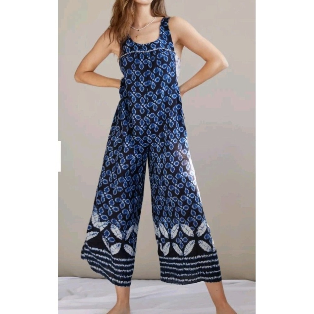 Anthropologie Bristol Wide Leg Jumpsuit Ikat Blue Sz S Flowy Boho Coastal-core